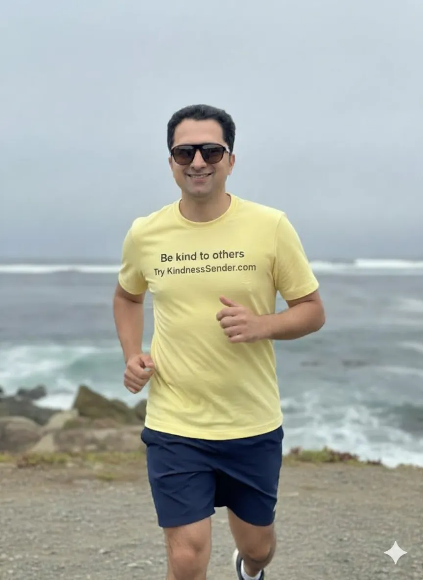 Mike Ketabforoosh running near the ocean in a yellow KindnessSender shirt