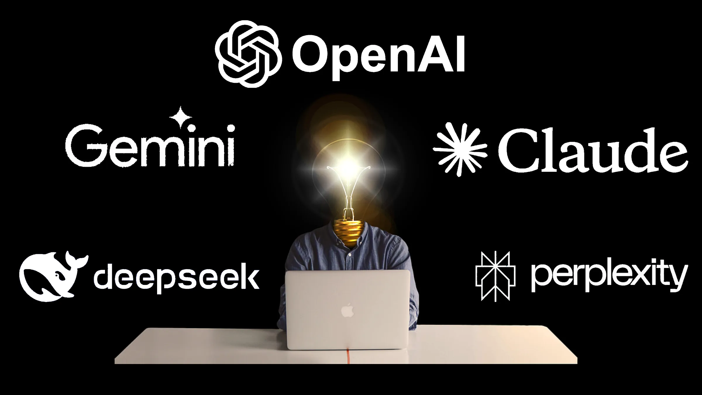 Logos for OpenAI, Gemini, Claude, DeepSeek, and Perplexity around a person using a laptop