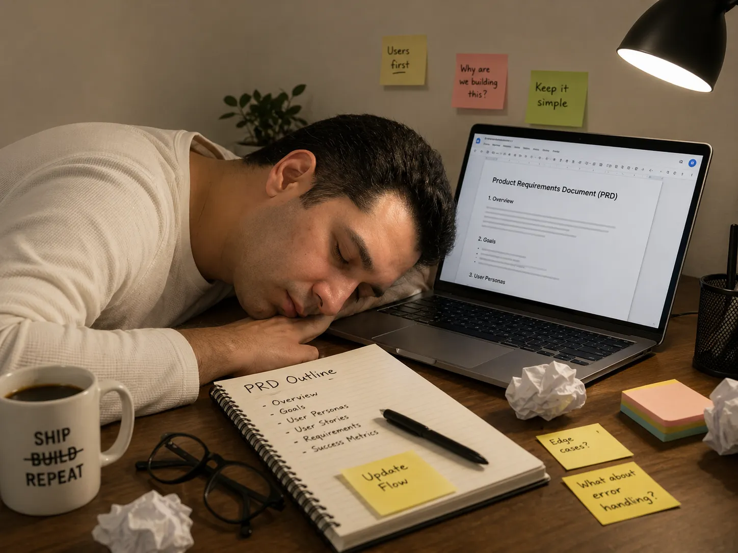 A tired product manager asleep beside a laptop displaying a product requirements document