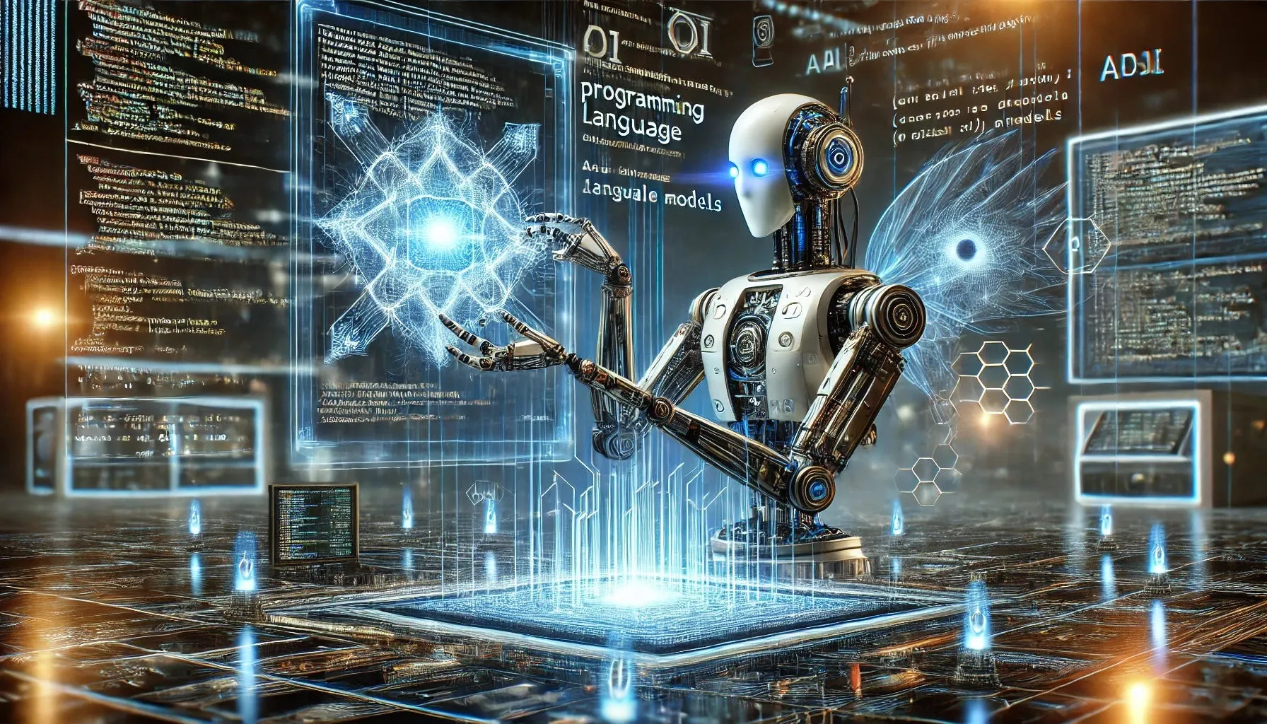 A robot surrounded by code and diagrams while creating a programming language