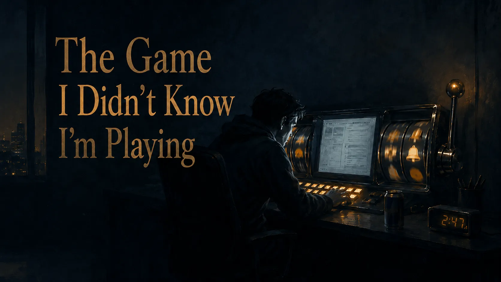A person at a glowing computer designed like a slot machine beside the words The Game I Didn’t Know I’m Playing